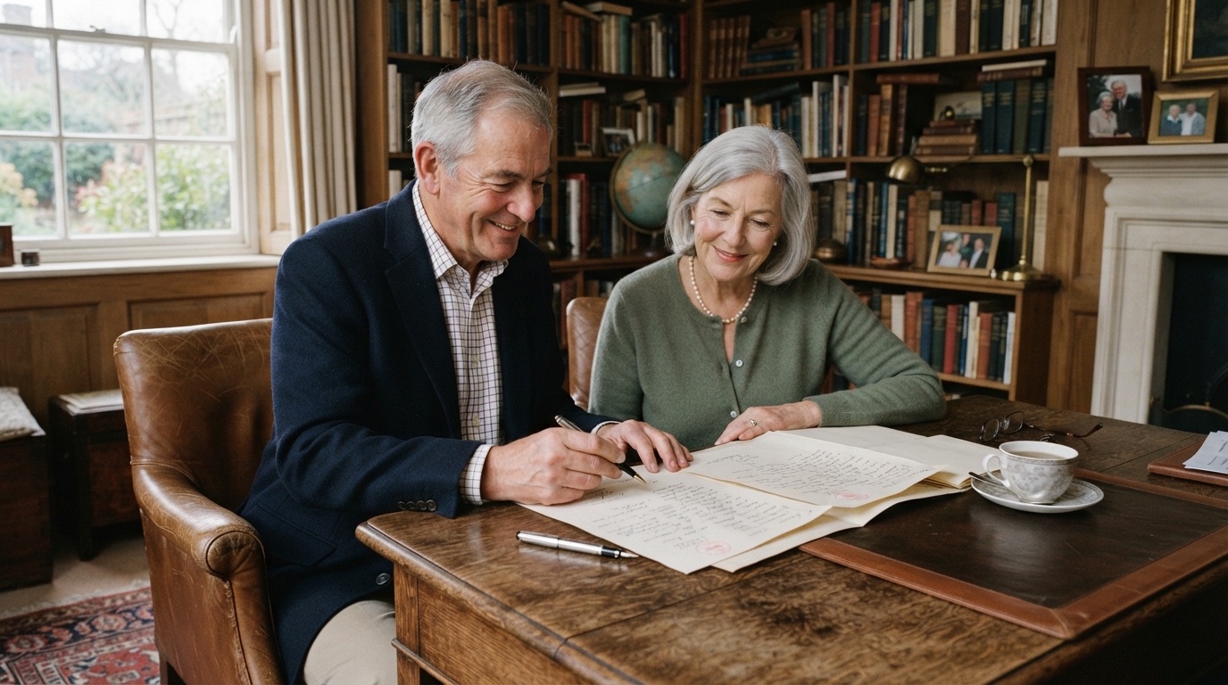 A smiling retired couple reviewing and signing their Will together at a wooden desk at home